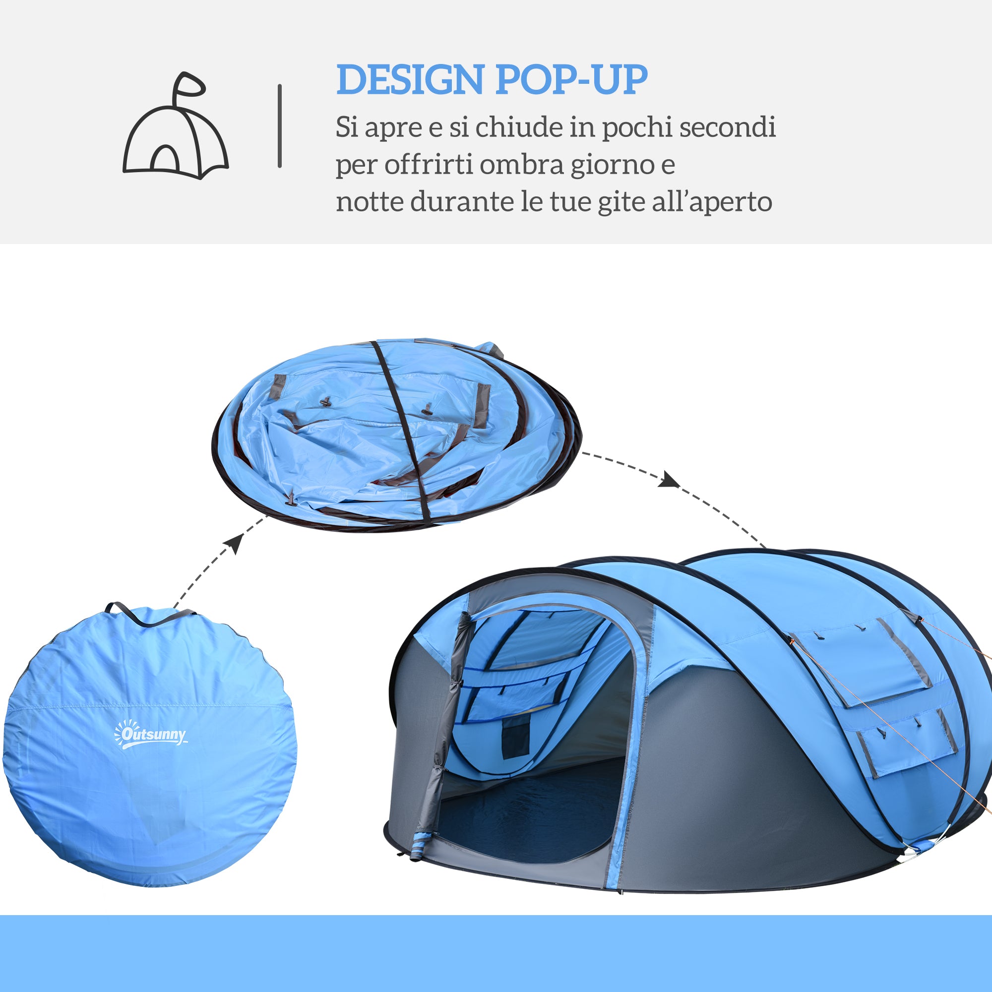 Tenda da Campeggio Pop Up 2 Posti 263,5x220x123 cm con 2 Porte 4 Finestre e Telo Impermeabile Blu