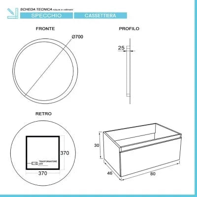 Mobile sospeso 80 cm bianco lucido lavabo in resina e specchio LED Iside