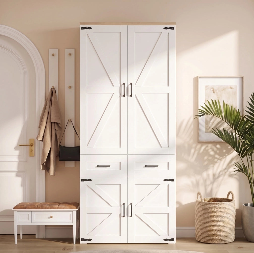 Armadio ULEVR 90x50x200 cm con 4 ante, 5 cassetti e 2 barre appendiabiti, MDF bianco stile rustico
