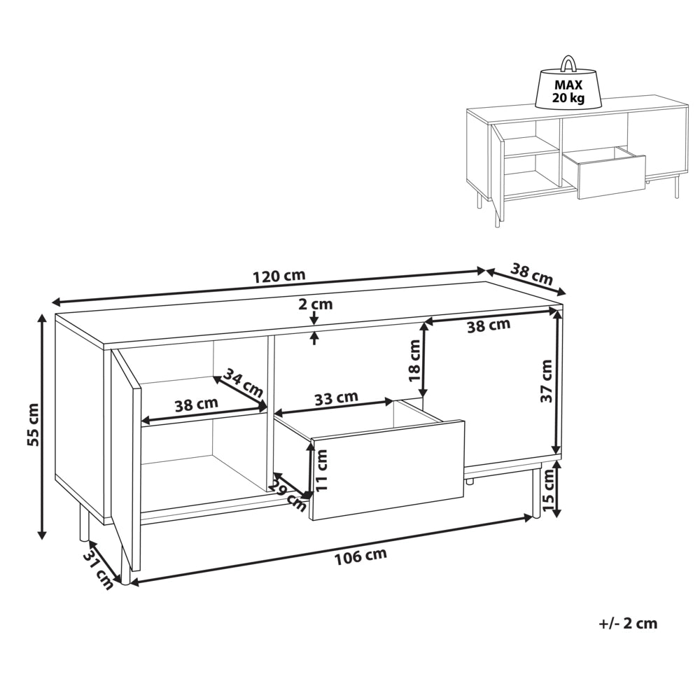 Credenza 2 ante cassetti legno scuro e bianco gambe metallo 120 x 38 cm