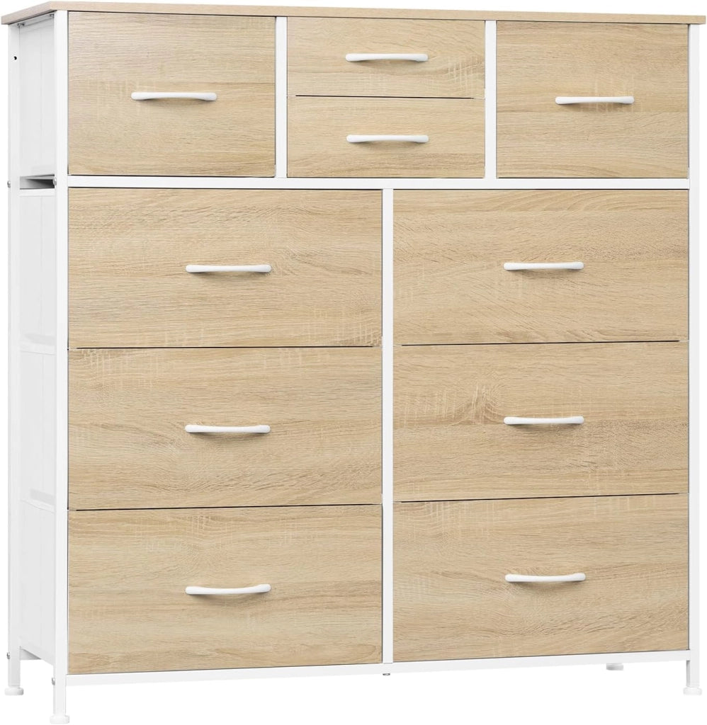 Cassettiera, 10 Cassetti di 3 Dimensioni per Camera da Letto/Corridoio/Soggiorno, Cassettiera in Tessuto, Rovere Chiaro+Bianco, Struttura in Metallo, Legno Lngegnerizzato E1