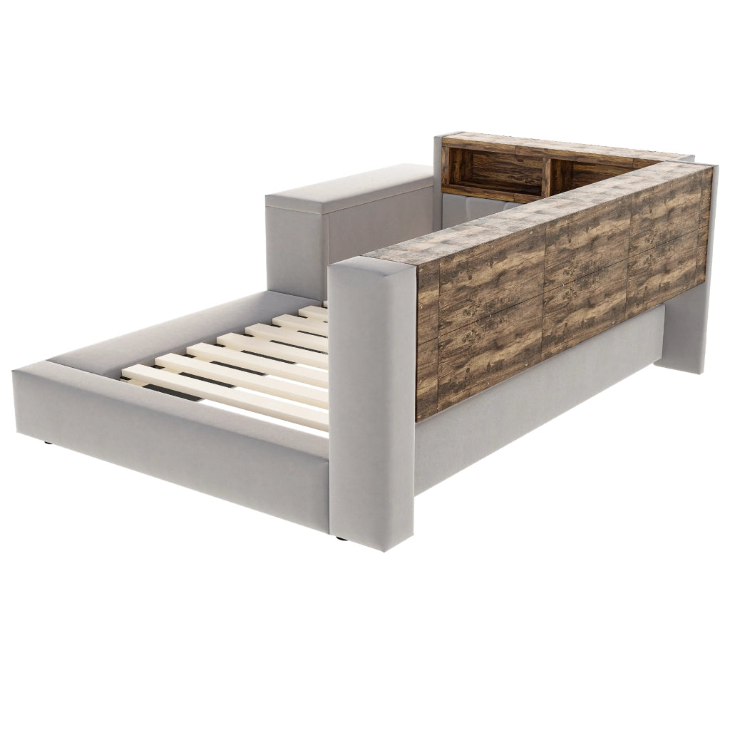Letto imbottito 90 x 200 cm con testiera imbottita, vani portaoggetti, LED, prese integrate e tavolino laterale, Grigio scuro