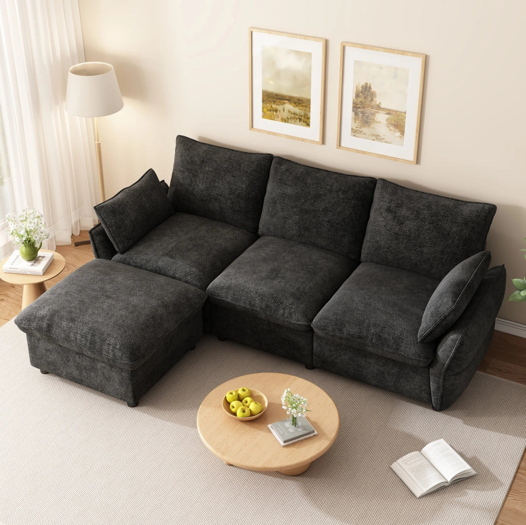 Divano angolare a L in chenille con pouf e 2 cuscini, grigio scuro, 222,5 cm
