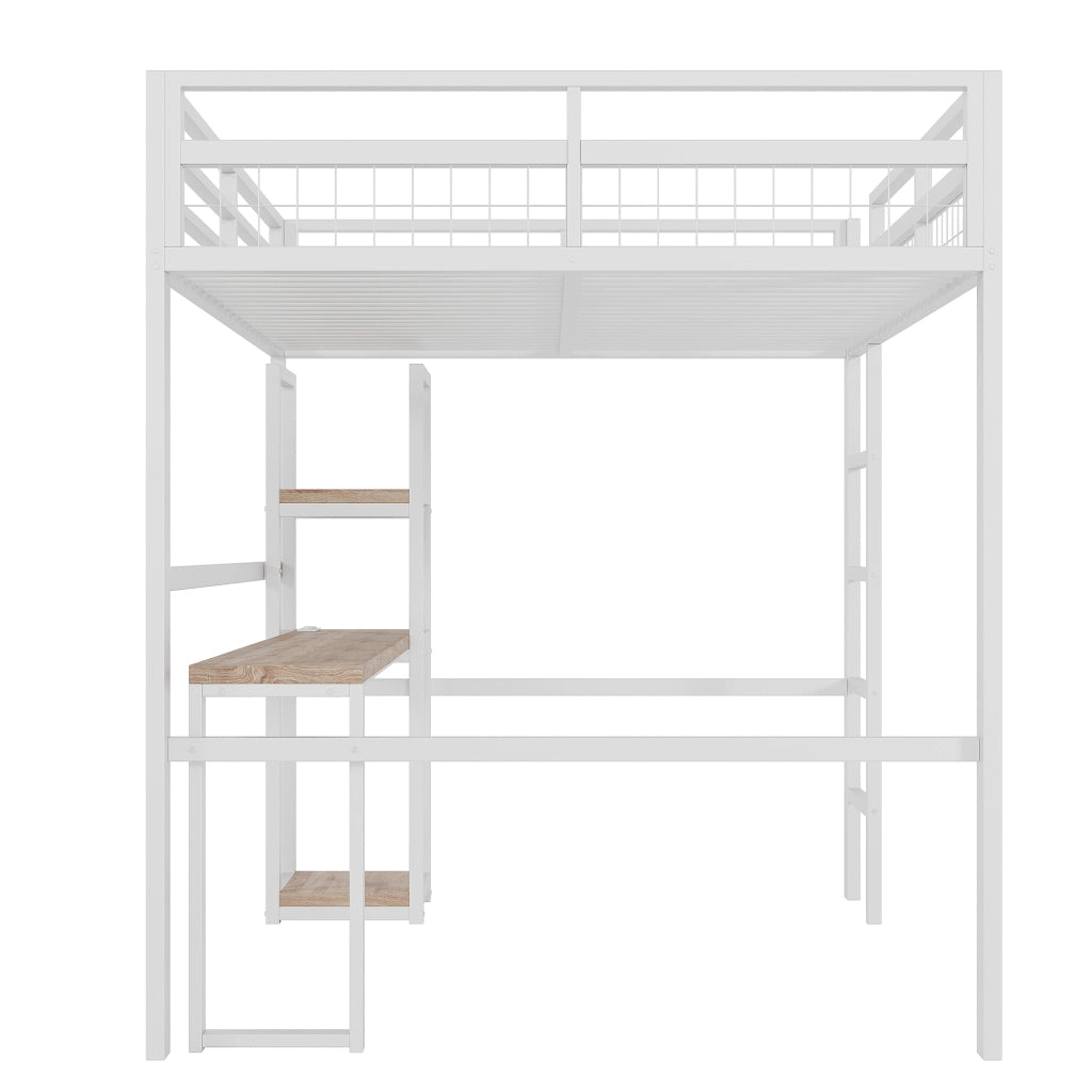 Letto a soppalco matrimoniale 140×200 cm con scrivania; ripiani; USB e Type-C; senza materasso; metallo; bianco