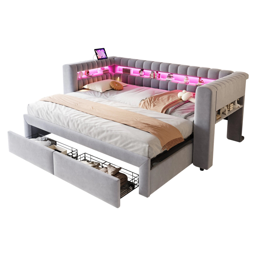 Divano letto estraibile 90x190/180x190 cm con cassetti, LED e USB-C in velluto grigio chiaro