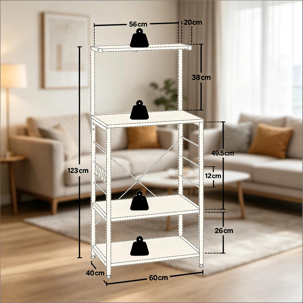 Scaffale da cucina per microonde 4 ripiani in legno ingegnerizzato e acciaio nero 60x40x123 cm