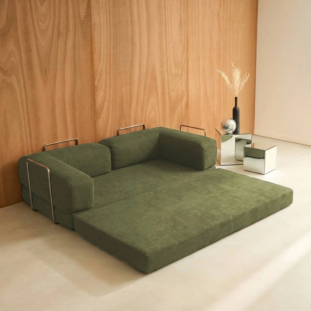 Divano letto futon in velluto a coste e struttura cromata, verde kaki