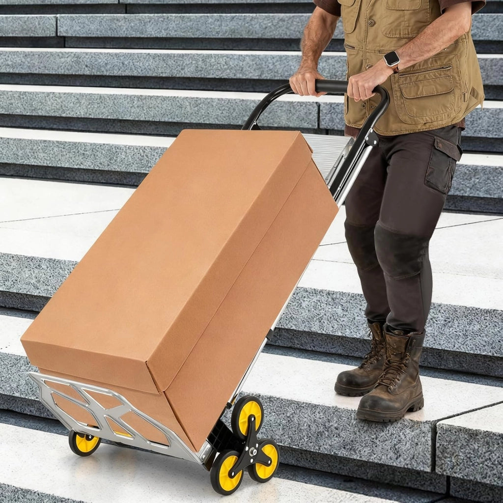 Carrello a Mano 2 in 1 e Scala, Scaletta Pieghevole a 3 Gradini in Alluminio con Ruote in Gomma e Pedali Antiscivolo, Carrello Portatile con Corrimano per Casa e Ufficio, Portata 250 kg
