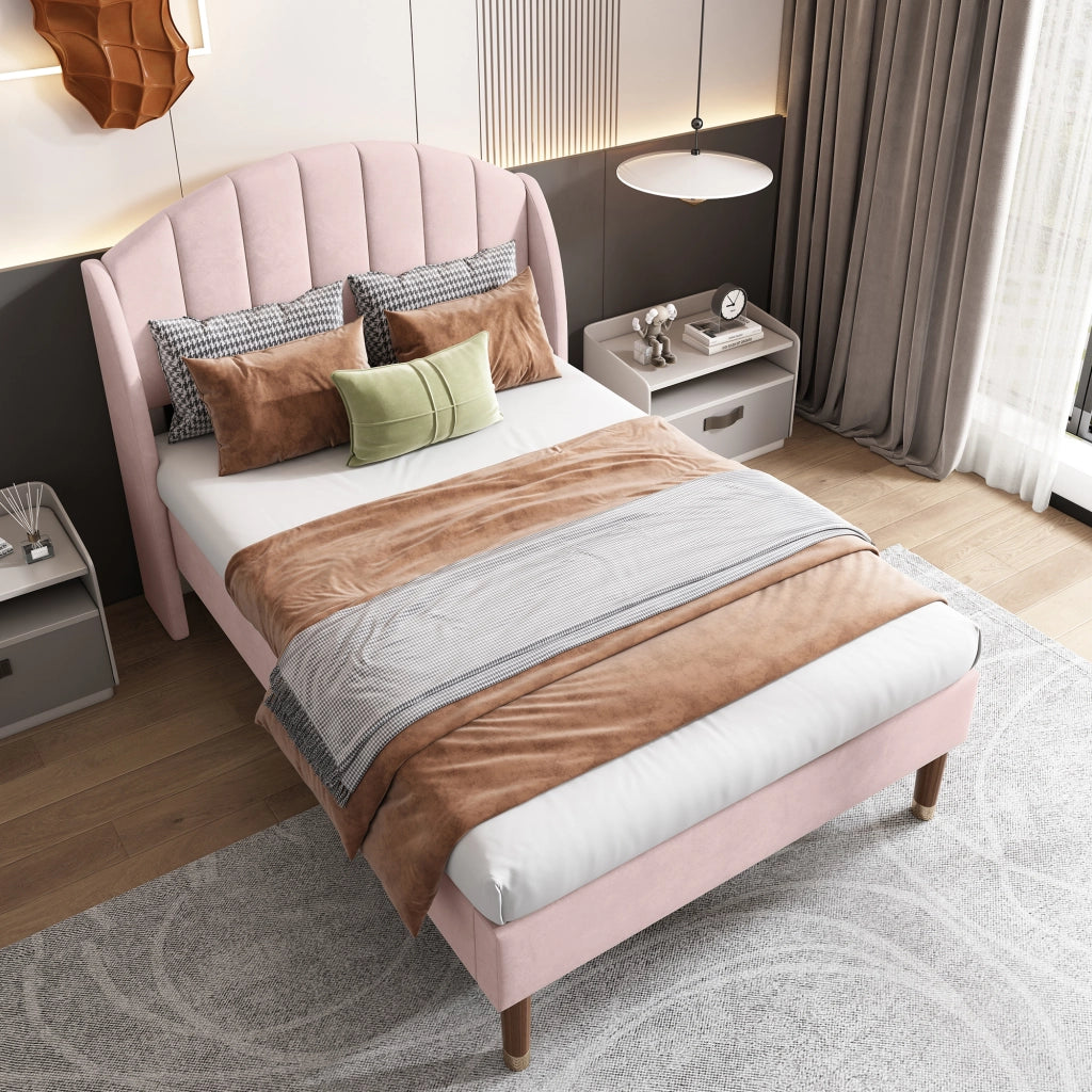 Letto imbottito 90x200 cm in velluto rosa con rete a doghe e testiera, struttura stabile, montaggio semplice