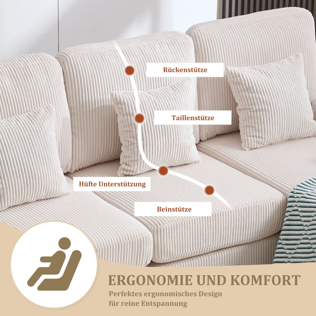 DIVANO U angolare 265x135x88 cm in velluto beige con LED e porta USB