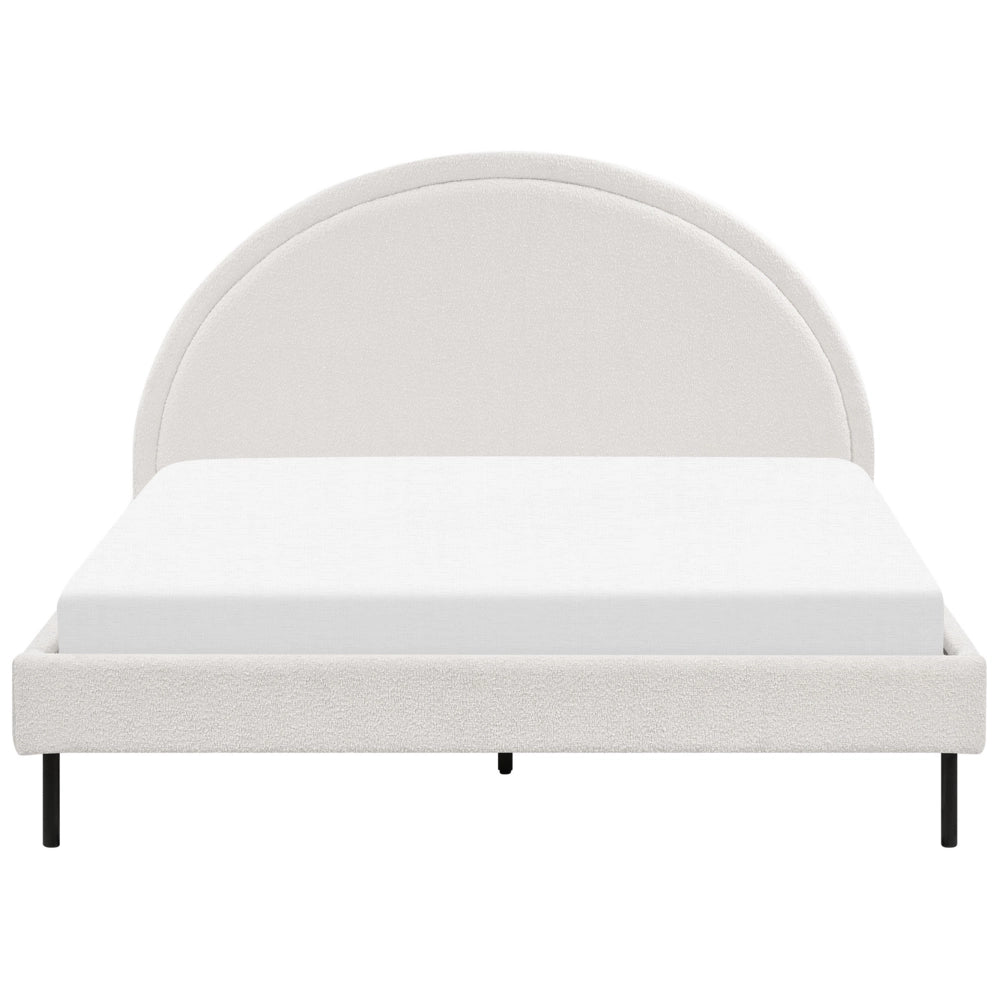 Letto matrimoniale in poliestere bouclè bianco imbottito con base a doghe e testiera rotonda 160 x 200 cm minimalista retrò