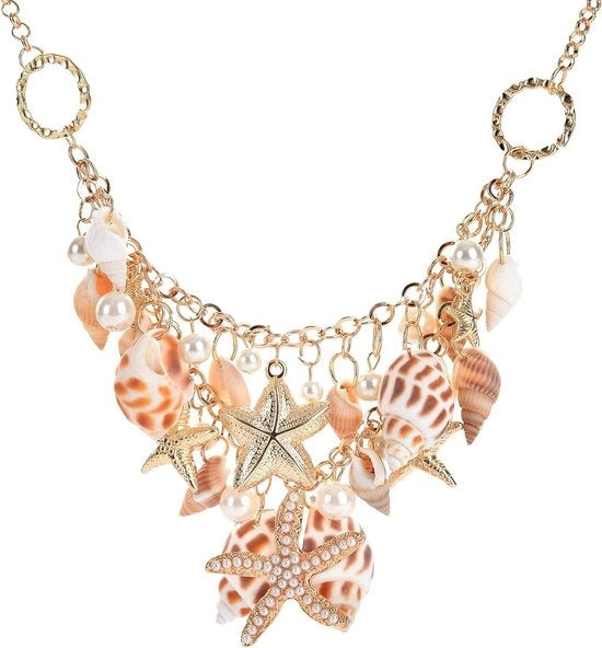 Collana per mare e bracciale con conchiglia stellare per escursioni al mare - Set di accessori per donna con stella di mare.