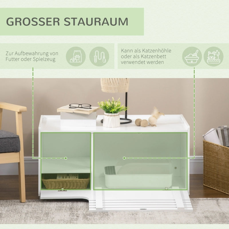 Mobile coperto per lettiera per gatti con 2 ripiani e porta magnetica, per soggiorno, bianco, 90 × 48 × 43,5 cm