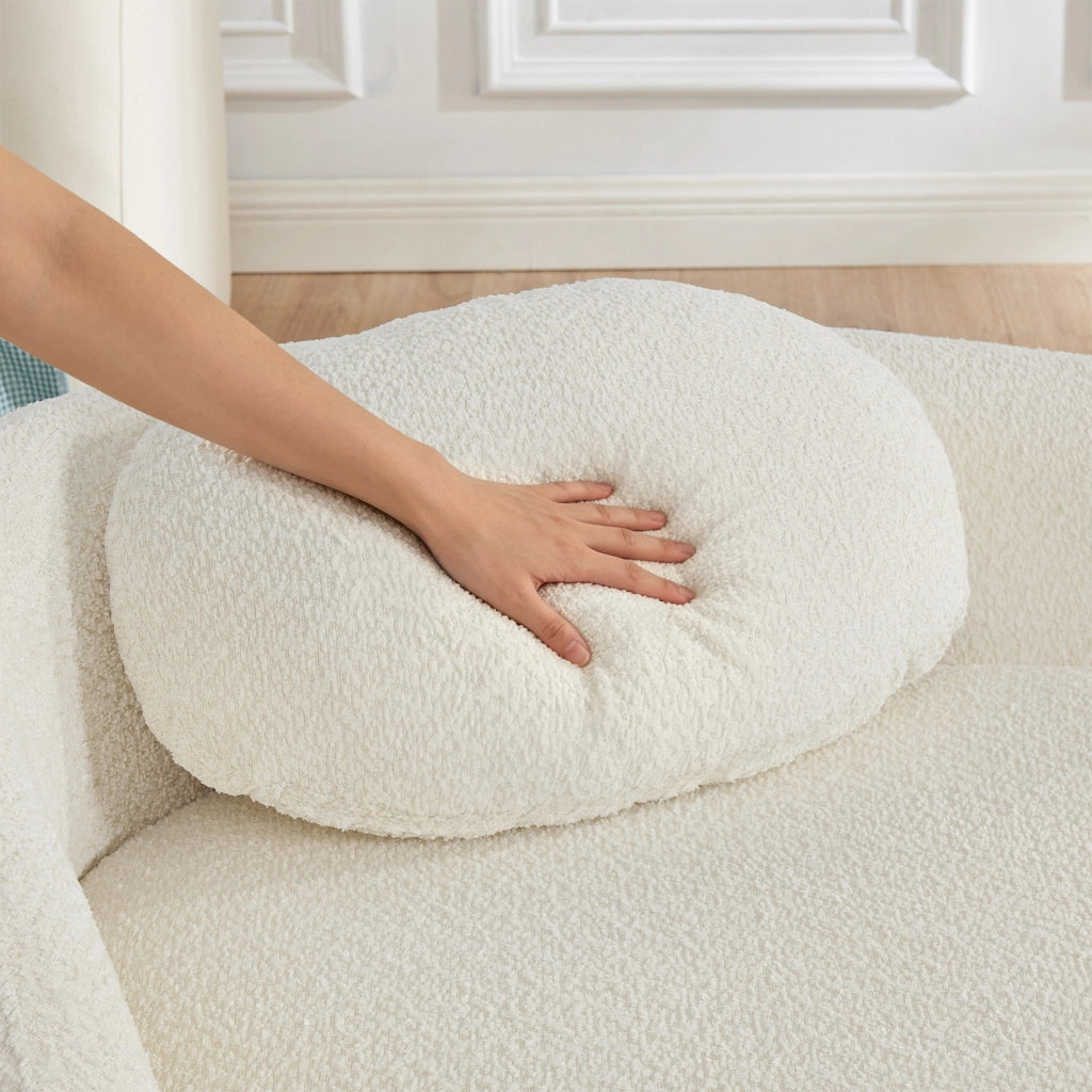 Divano in tessuto teddy con design arrotondato, cuscino integrato, schiuma elastica, beige