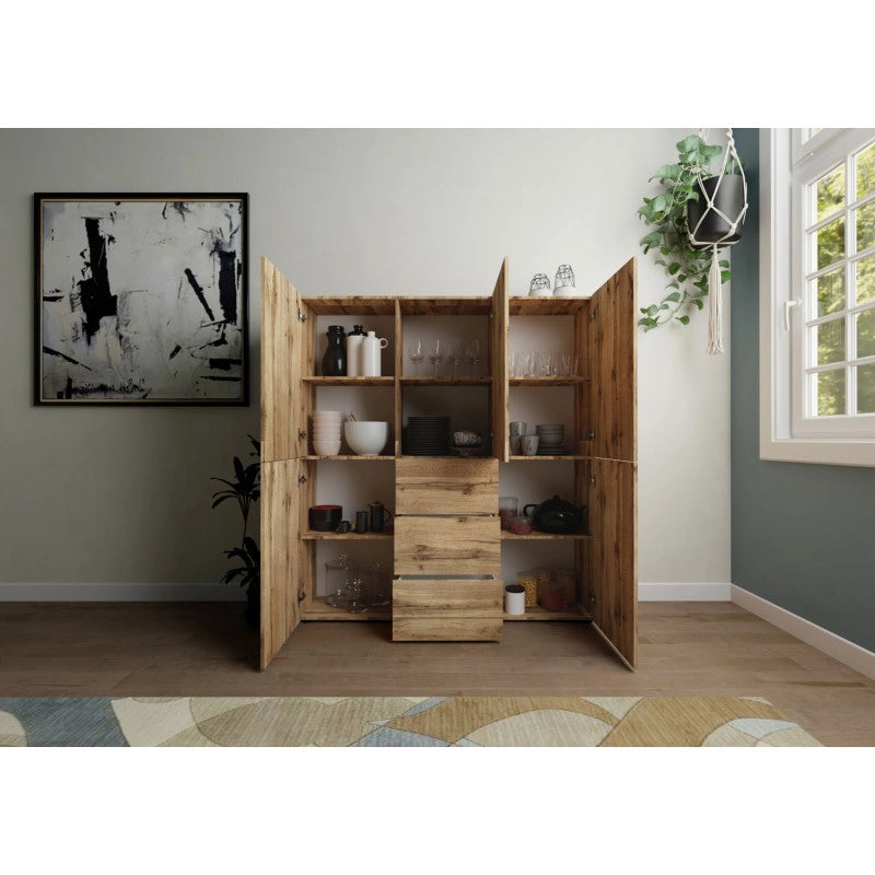 Credenza alta moderna 5 ante/3 cassetti 150x35x165 cm Elios - Quercia Natura