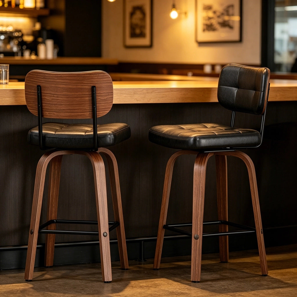 Sgabello da bar girevole con schienale ergonomico e design scandinavo, struttura stabile in pu e legno, nero e noce scuro