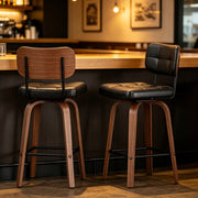Sgabello da bar girevole con schienale ergonomico e design scandinavo, struttura stabile in pu e legno, nero e noce scuro