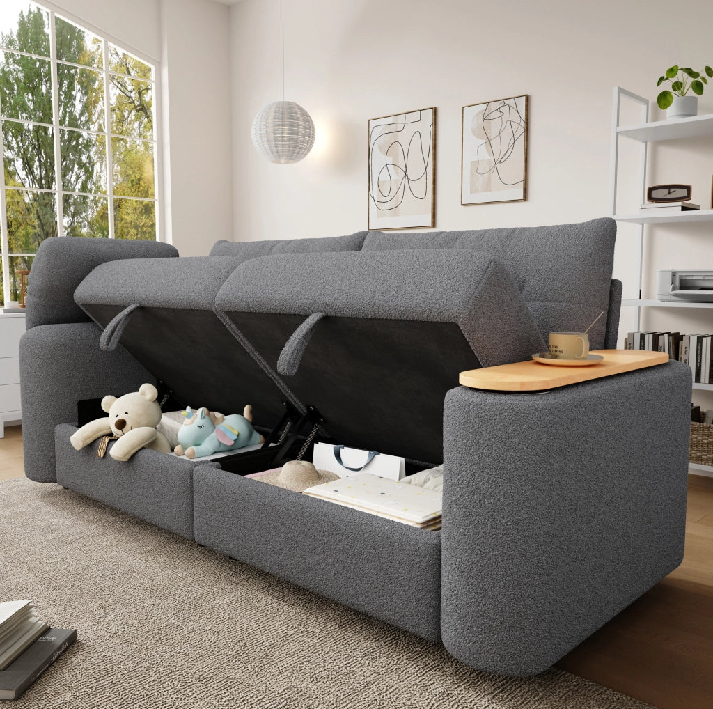 Divano modulare in teddy grigio con contenitore e tavolino