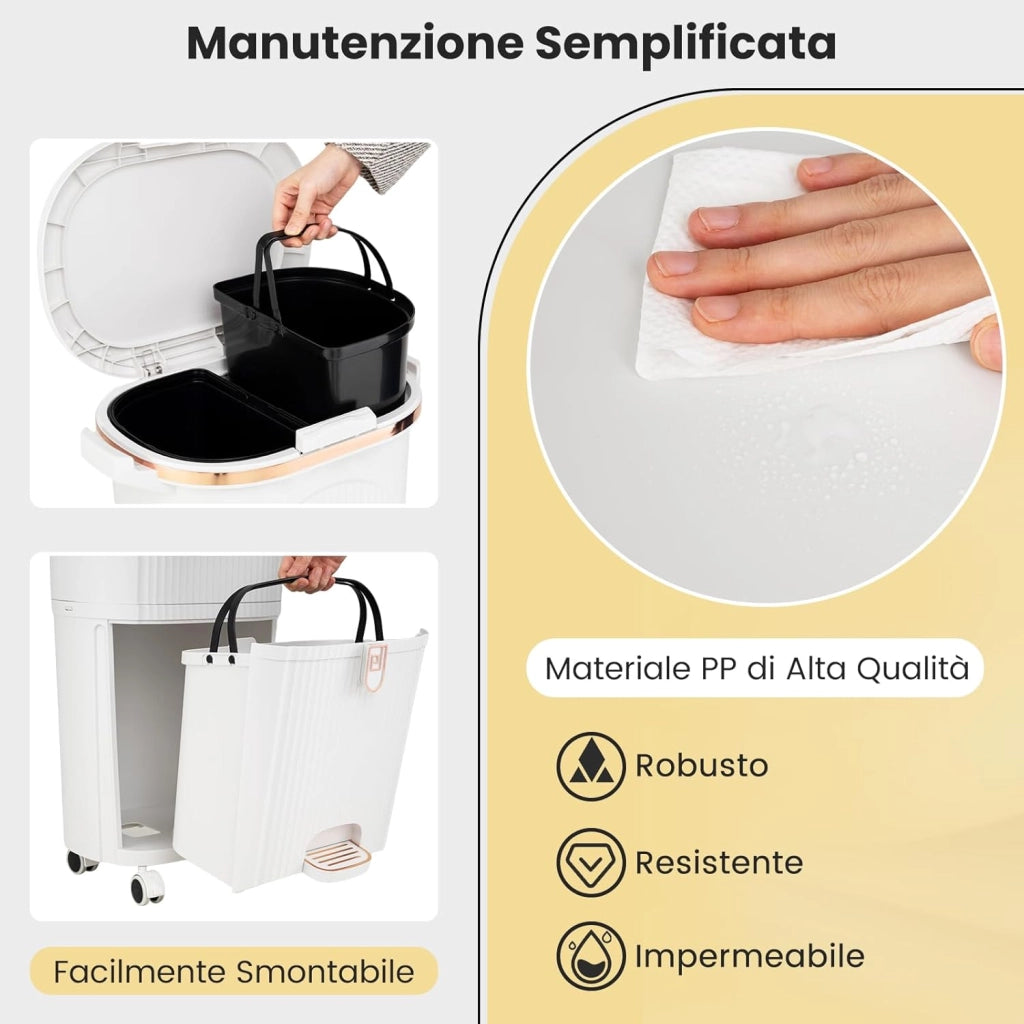 38 L（12+12+14 L） Pattumiera Differenziata, Secchio Spazzatura a 3 Scomparti con Coperchi, 2 Secchi Rimovibili Pedale e Ruote, Bidoni Differenziata per Bagno Cucina Ufficio