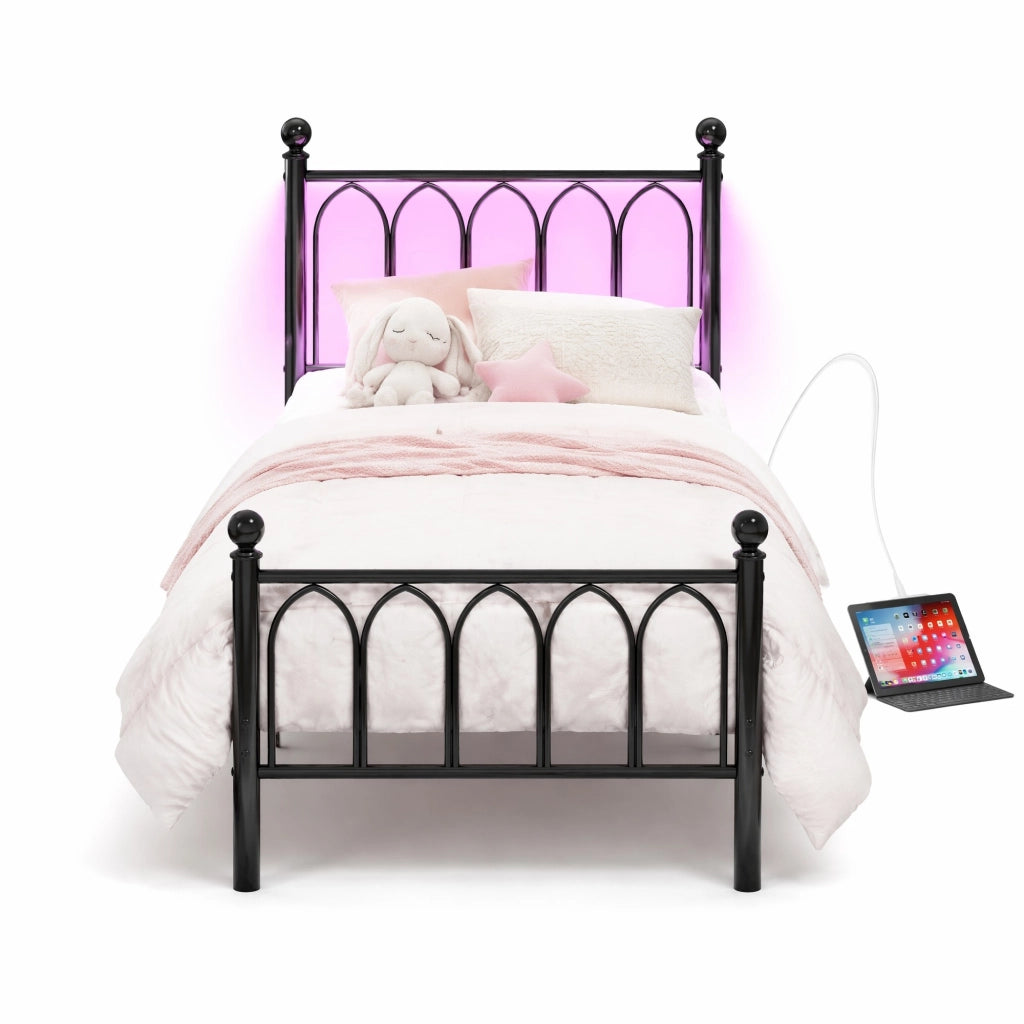 Letto in metallo 90x200 cm con testiera alta, LED, USB e presa, struttura in MDF e metallo, nero