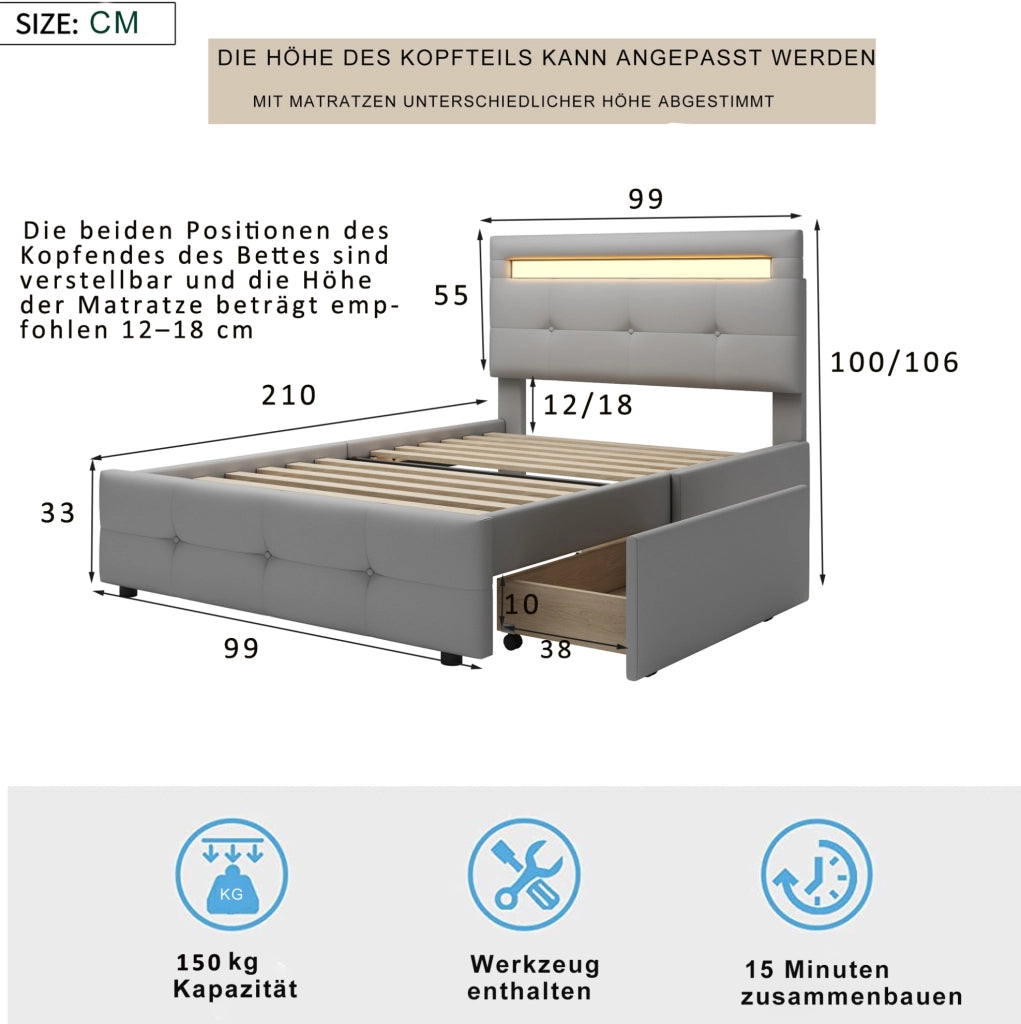 Letto imbottito 90x200 cm con LED; 2 cassetti; rete a doghe; grigio