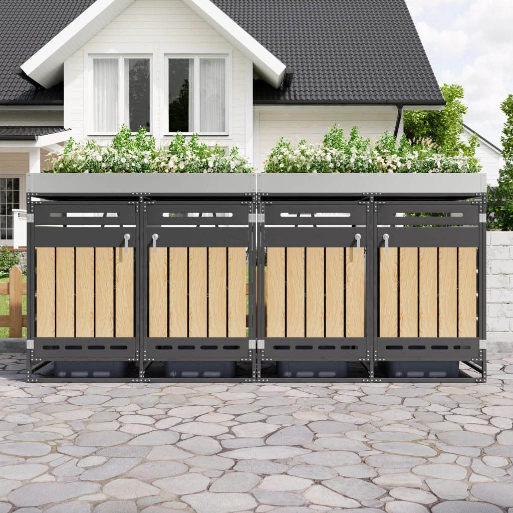 OKWISH Copribidoni 4 Scomparti con Fioriera, Ante con Serratura, Ventilazione, in Ferro Nero