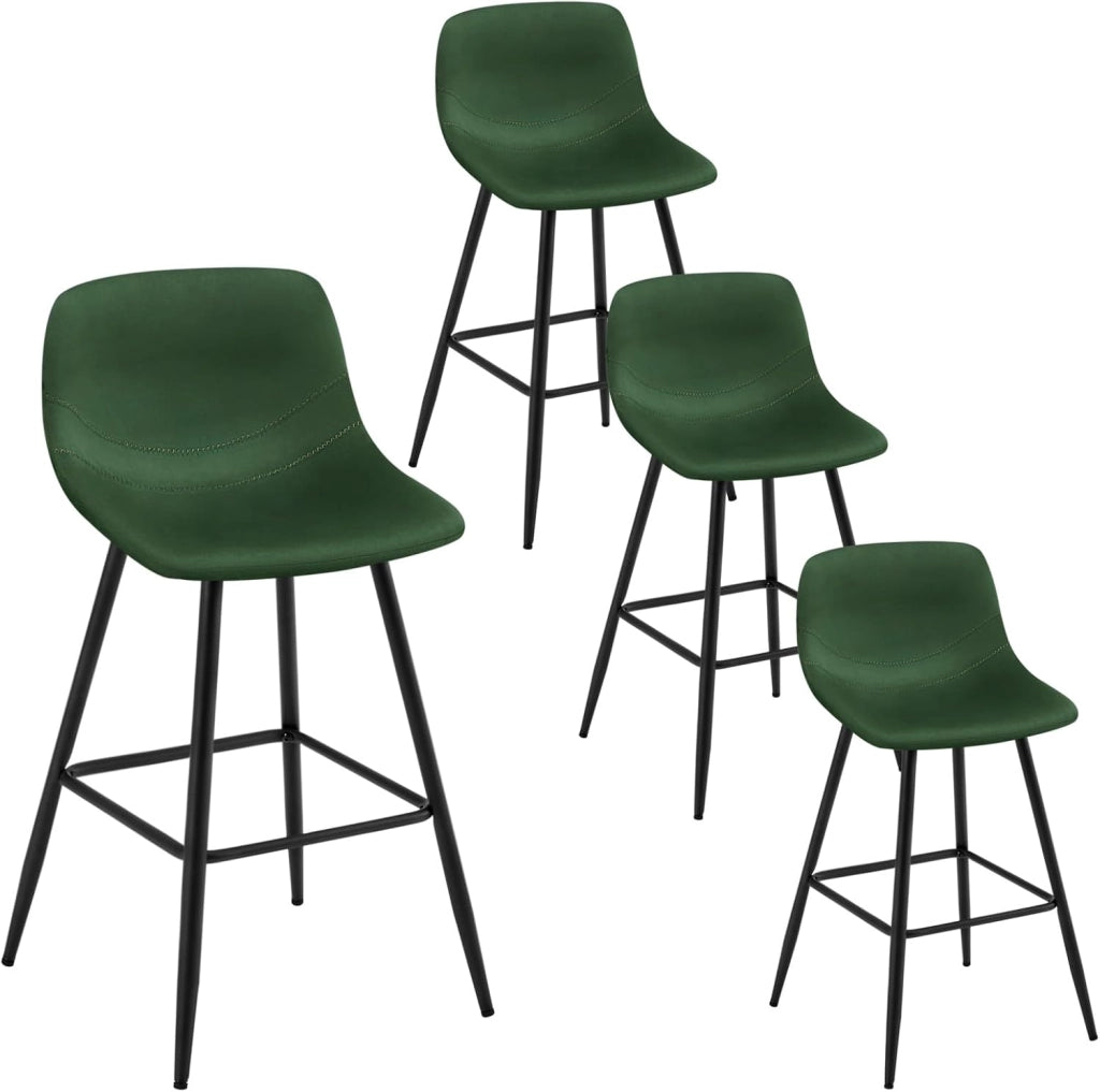 Set di 4 Sgabelli Alto, Sgabello da Cucina Moderno, Sedia da Bar con Poggiapiedi, con Schienale, per Bistrot, Pub, Caffetteria, in Velluto e Metallo, Verde Scuro