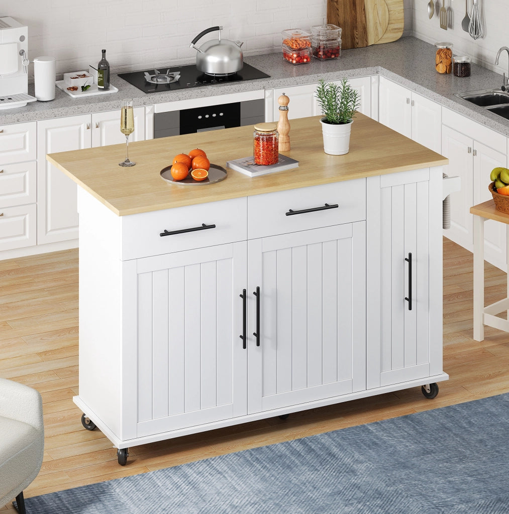 Isola cucina mobile con piano ribaltabile; 3 organizer estraibile; MDF; bianco e naturale