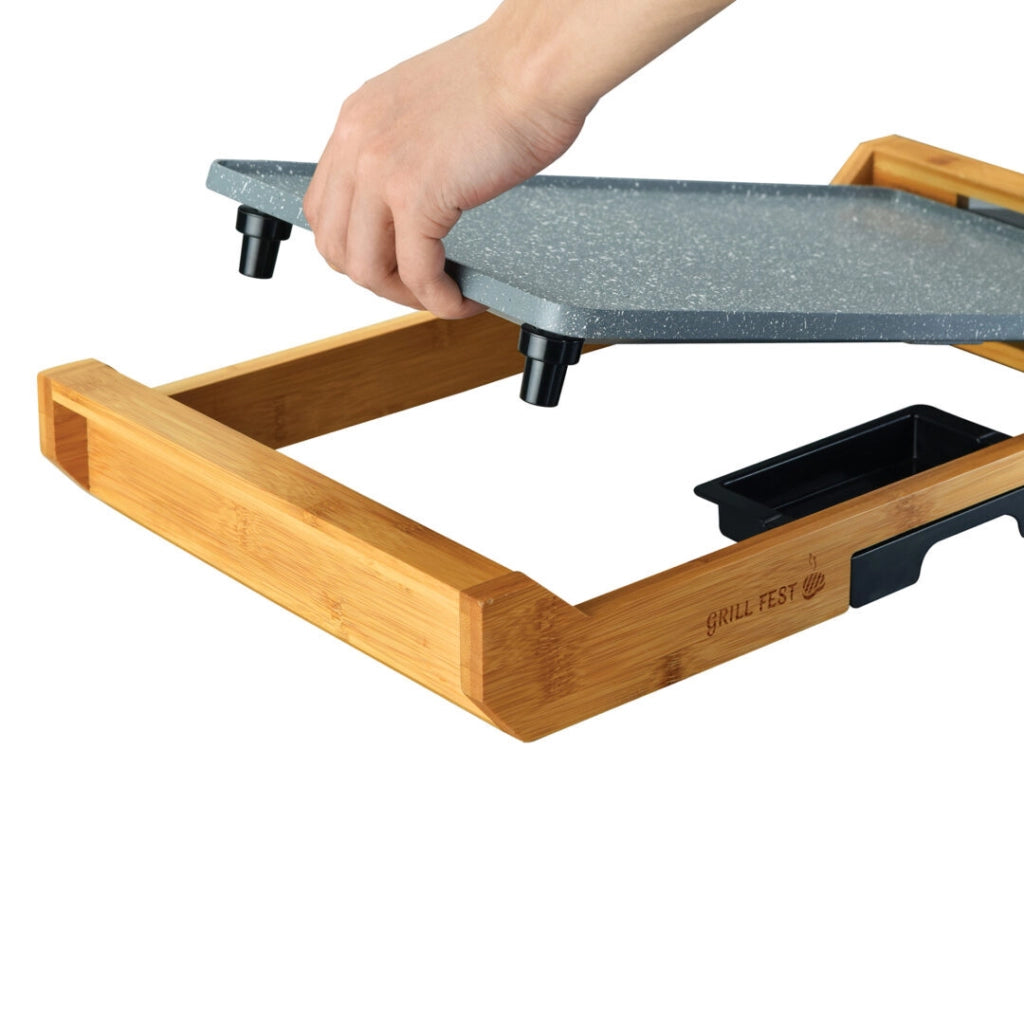 Piastra elettrica grill 43x23 cm con rivestimento antiaderente effetto pietra e base in bambù 2200W - Sogo