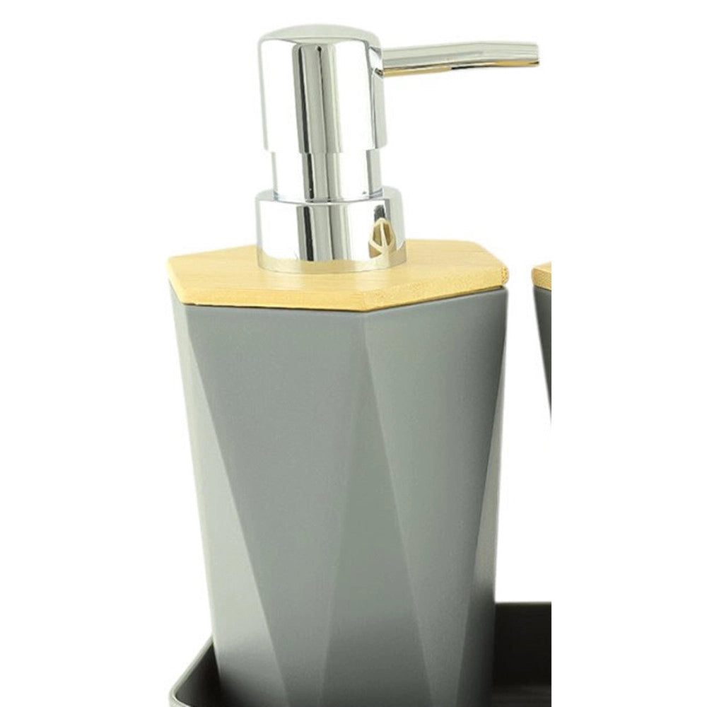Trade Shop - Dispenser Sapone Liquido A Cilindro Esagonale Geometrico Grigio Legno Da Bagno 10846 -