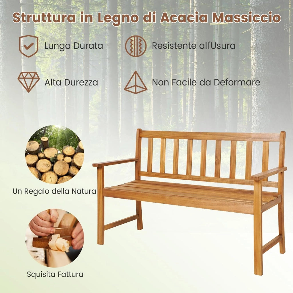 Panchina da Esterno in Legno di Acacia, Panchina con Schienale, Braccioli e Sedile a Doghe, Panchina da Giardino, Balcone e Cortile, Portata 360 kg (122 x 56,5 x 86 cm)