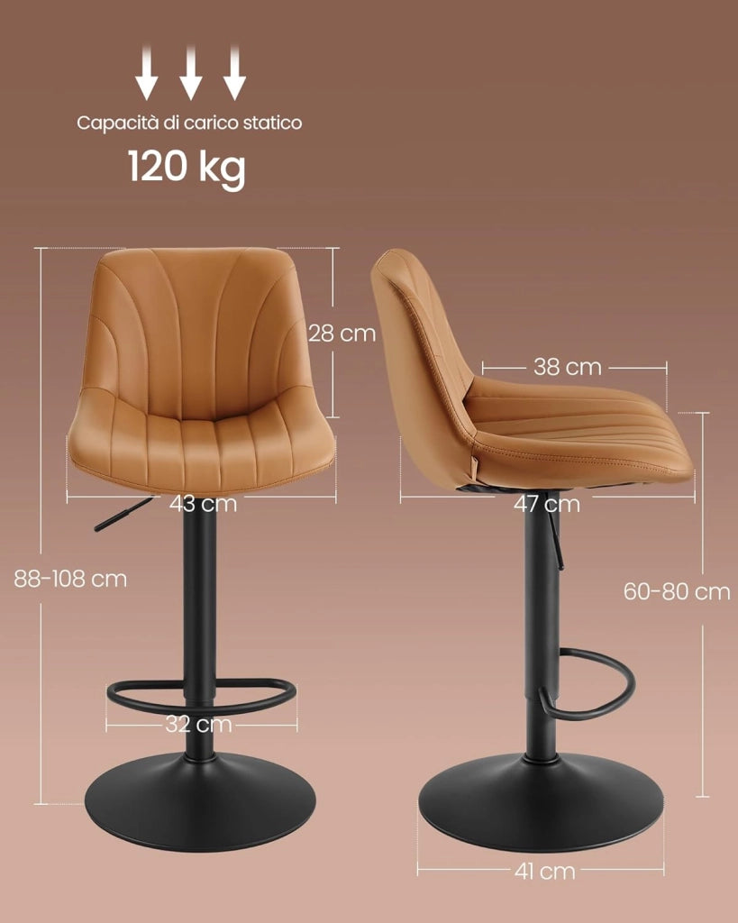 VASAGLE Sgabelli da Bar, Schienale, Sedie da Bar Regolabili in Altezza, Girevoli a 360°, Poggiapiedi Metallo, Sala da Pranzo Cucina, PU, Set di 2, Marrone Caramello LJB181KN01