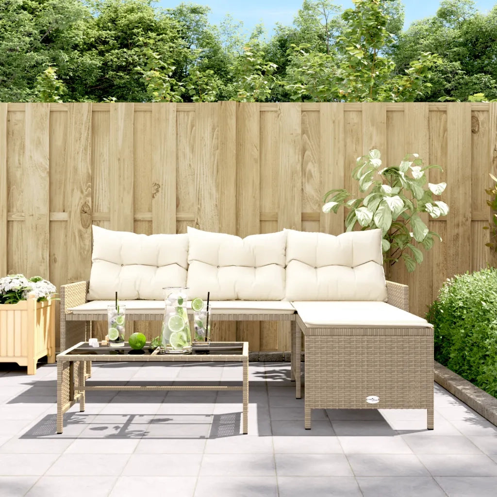 Divano da Giardino con Tavolo e Cuscini a L Beige in Polyrattan 365575