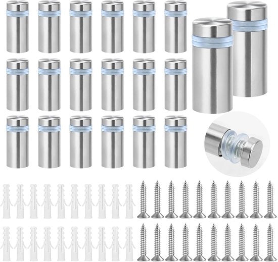 Supporti da parete a distanza 20 pezzi, acciaio inossidabile 12 × 25 mm, supporto standoff con viti, supporto specchio argentato. Ideali per la fissazione di pannelli.
