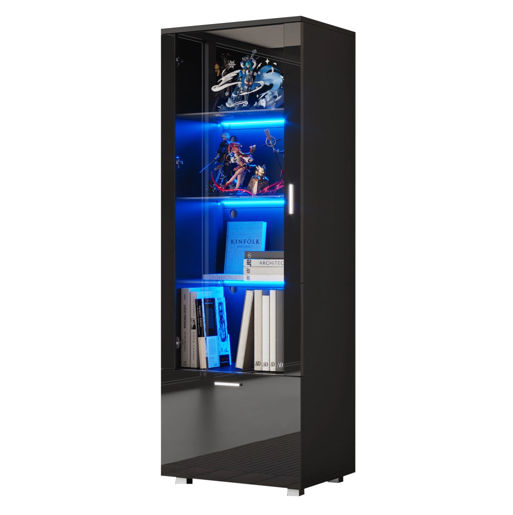 Vetrina alta nera lucida 40x50x160 cm con LED; ante in acrilico e ripiani in vetro temperato