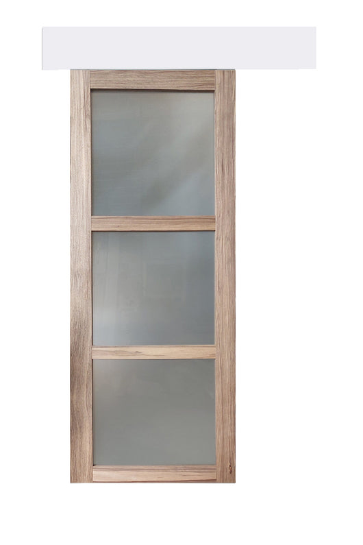 Porta Scorrevole in Legno Frake Vetro H204 x L73 + binario in alluminio bianco e 2 gusci neri senza maniglia