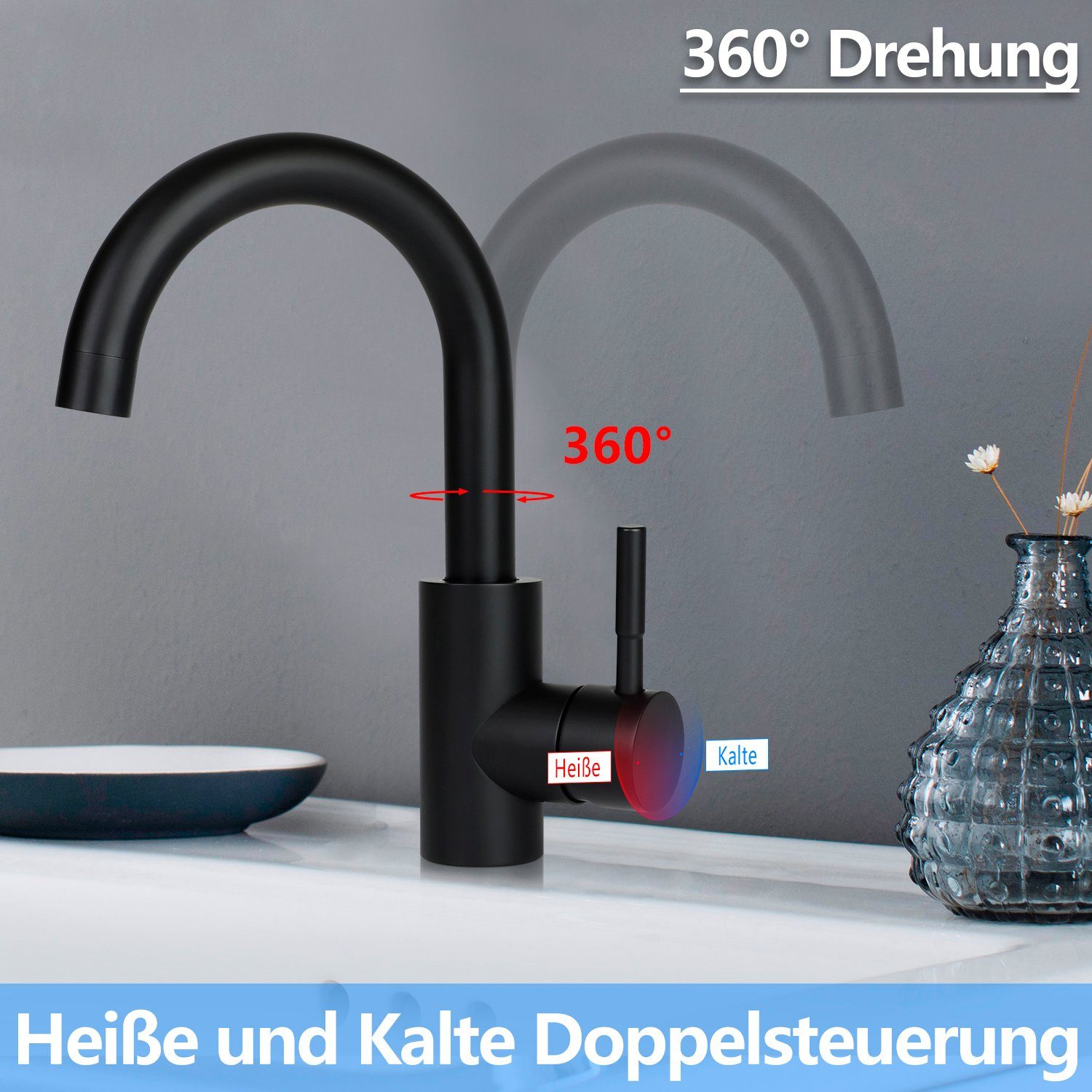 ZMH Rubinetto per bagno nero miscelatore per lavabo girevole a 360° acciaio inossidabile