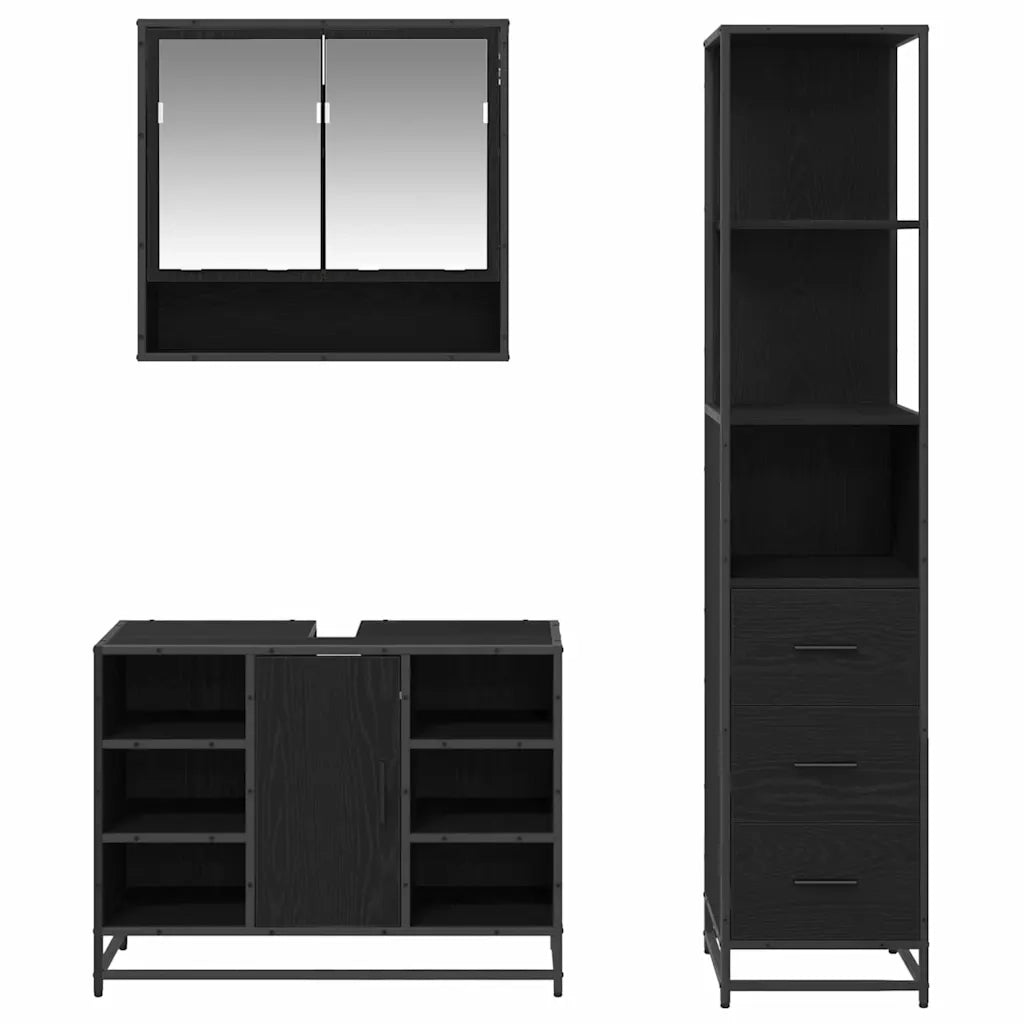 Set di mobili per il Bagno | Armadio da bagno 3 pz Rovere Nero Legno multistrato