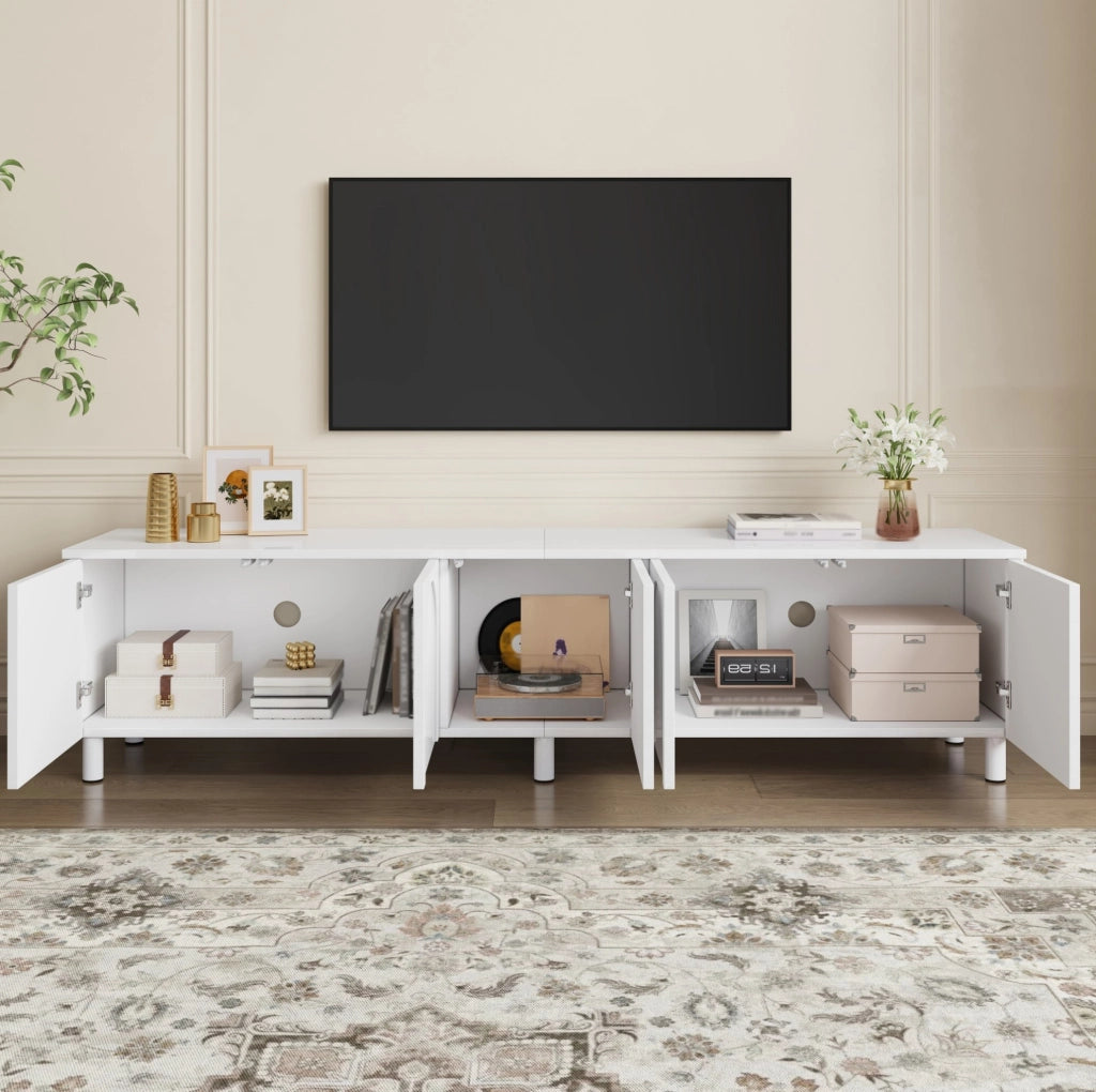 Mobile TV 180x38x45 cm con 5 ante e passacavi; gambe in metallo; in PB e MDF; bianco