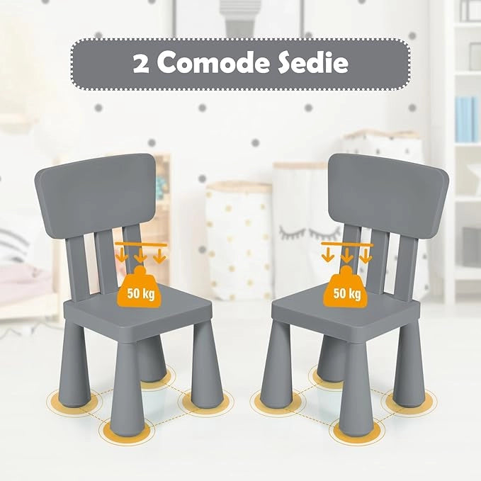 Set Tavolo e Sedie per Bambini 1-7 Anni, 2 Sedie Ergonomiche con Schienale, Materiale PP Atossico e Inodore, Angoli Arrotondati, Adatto per Giocare, Disegnare e Leggere, Portata 50kg (Grigio)