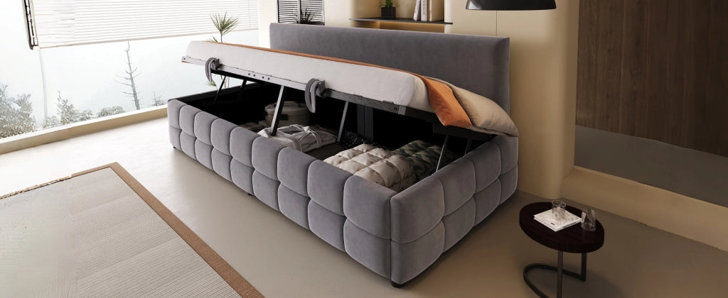 Letto sofà con vano contenitore idraulico tessuto in velluto grigio scuro 90x200 cm