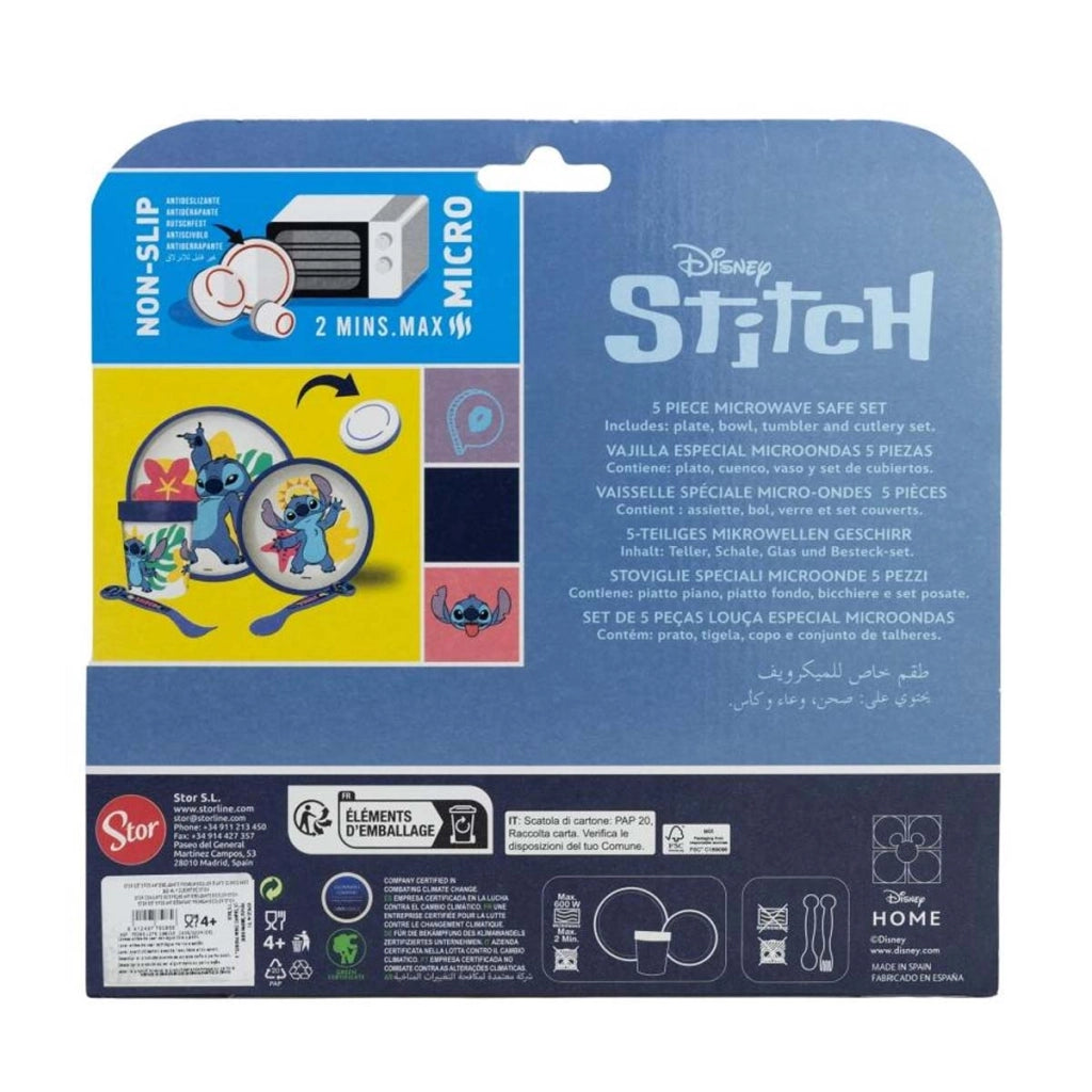 Set 5 Pezzi Stoviglie Stitch per Bambini Antiscivolo e Microondabili Bianco / Blu Disney