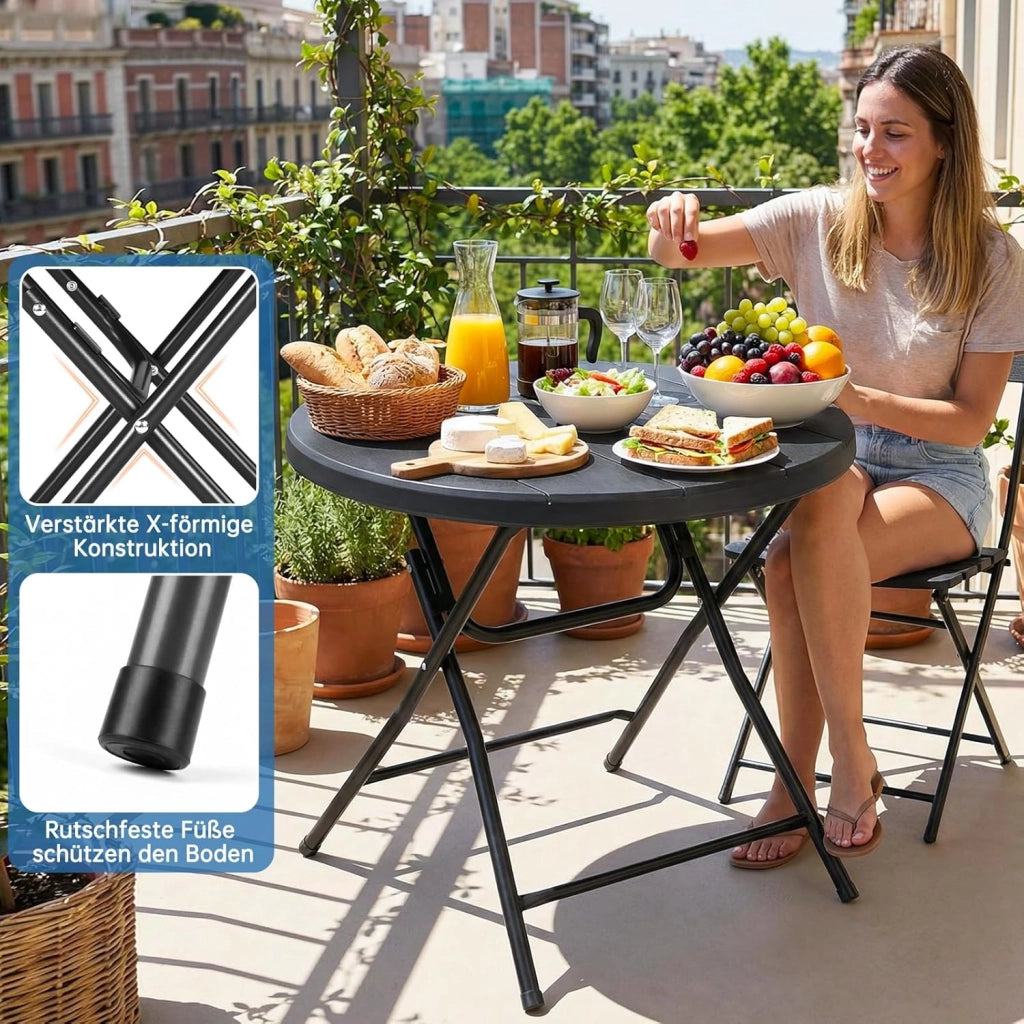 Tavolo Rotondo da Giardino φ80 x 74 cm, Tavolo Pieghevole Portatile, Tavolo da Campeggio in HDPE, Piano Effetto Legno, con Telaio in Acciaio, Carico Massimo 50 kg, per Giardino, Terrazza e Balcone