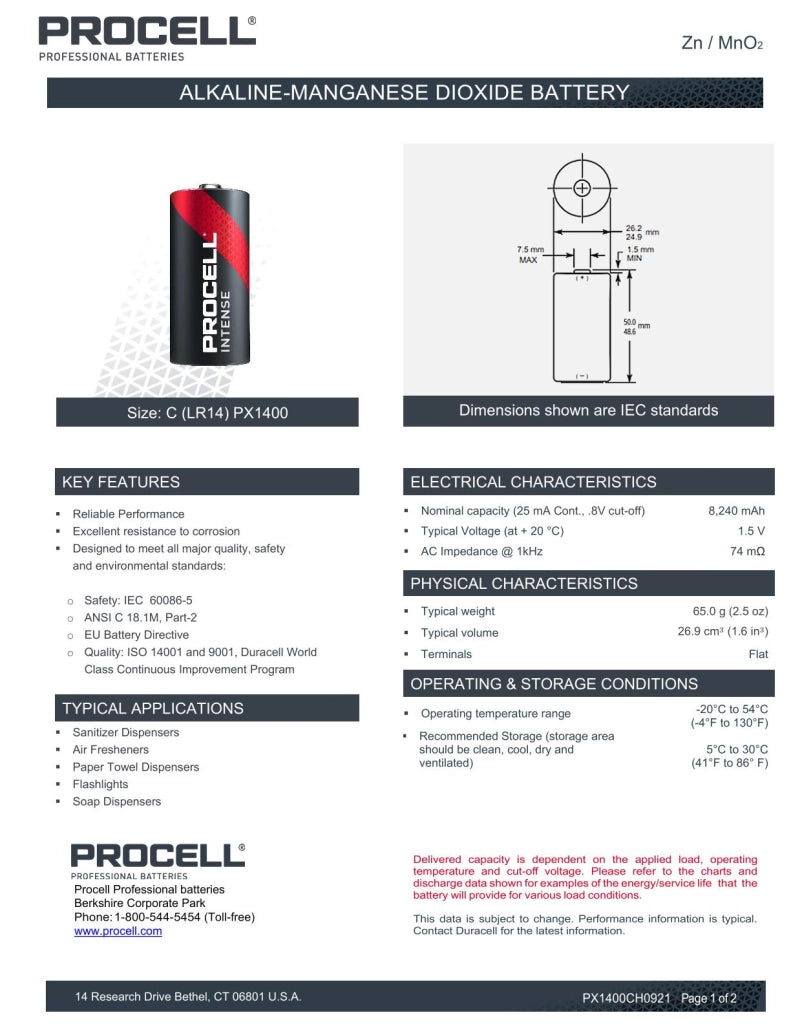 Batterie Alcaline Procell Intense C LR14 Professionali Confezione da 10 Pz Alta Durata