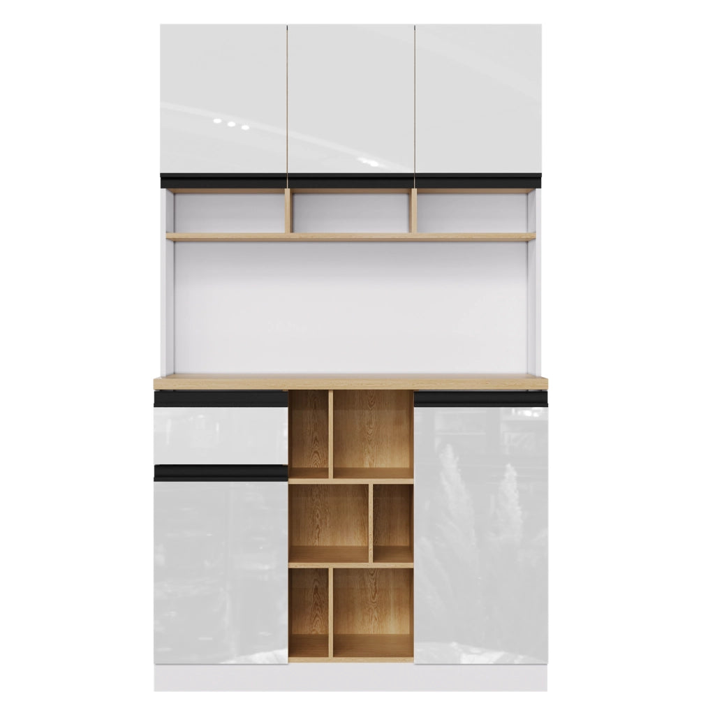 Credenza moderna bianca lucida 105×45×185 cm con ante, cassetto e vani aperti
