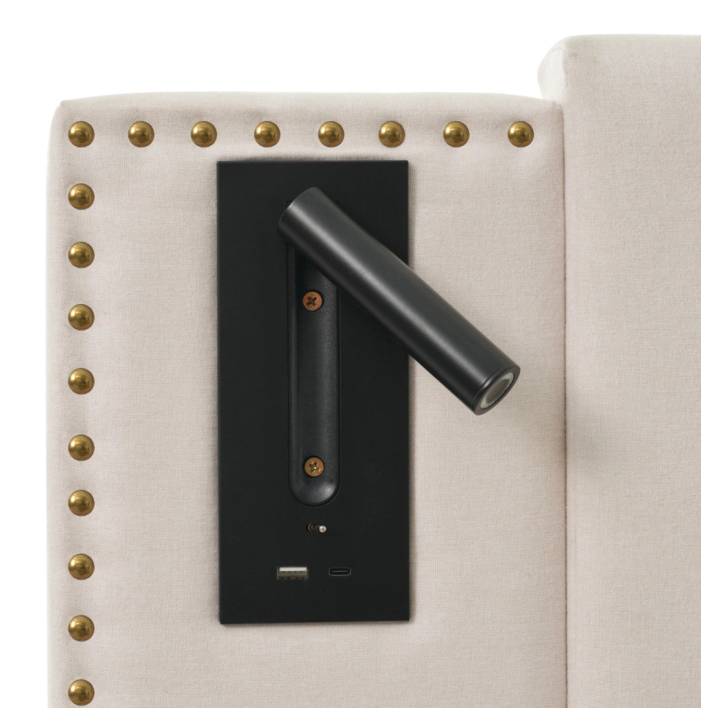 Letto imbottito 140x200 cm con contenitore; luce lettura e 2 USB + 2 Type-C; beige