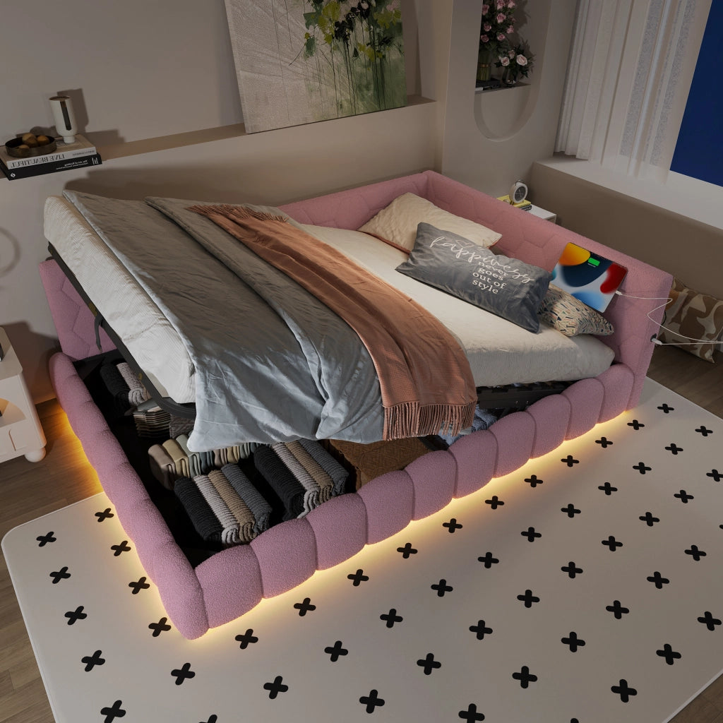 Letti contenitori 140x200 cm con vano contenitore idraulico; LED USB e Type C; velluto rosa (Senza materasso)
