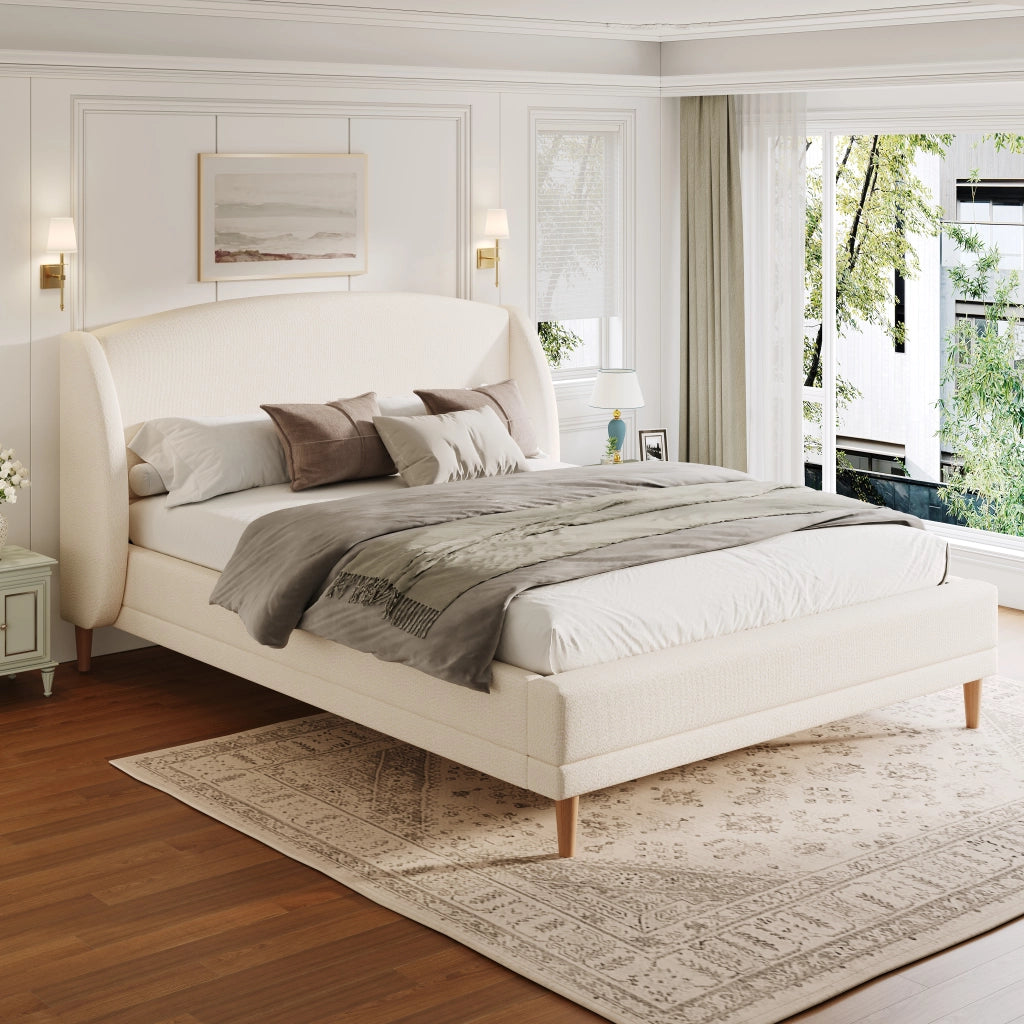 Letto matrimoniale 140x190 cm in tessuto bouclé bianco, testiera a orecchie, rete a doghe inclusa, montaggio rapido