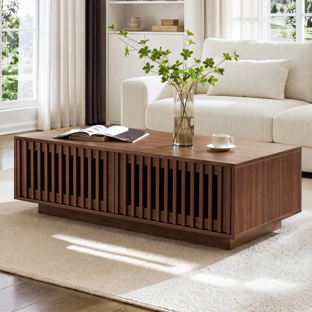 Tavolino basso con 2 ante a griglia e 2 vani contenitore, per soggiorno, in MDF e truciolare, noce, 100 × 50 × 35 cm