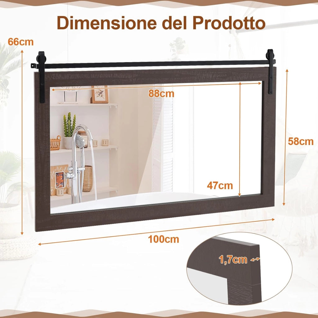 Specchio da Parete 100 x 66 cm, Specchio Rettangolare con Cornice in Legno Massiccio e Staffa in Metallo, Decorazione da Parete per Soggiorno Ingresso Bagno, Marrone (Noce)